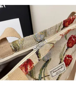Detail of silver metal zipper on woven tote bag with red tulip floral pattern