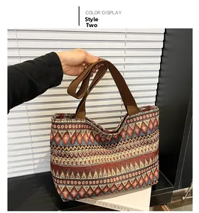 Detail of bohemian ethnic tote bag with colorful geometric woven patterns and sturdy straps