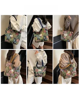 Macro detail of floral canvas tote bag featuring premium textures and various strap colors