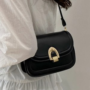 Vintage black crossbody square bag with gold horseshoe buckle and elegant matte finish
