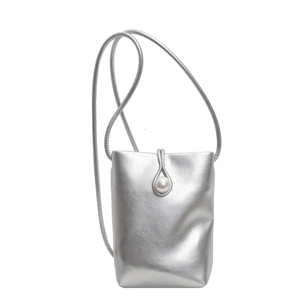 Silver mini crossbody bag with pearl detail and soft wrinkled faux leather finish