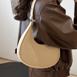 Sac Sous le Bras Gaufré Crocodile Vintage Français Pour Femme Sac à Épaule Demi-Lune Mode Rétro Polyvalent