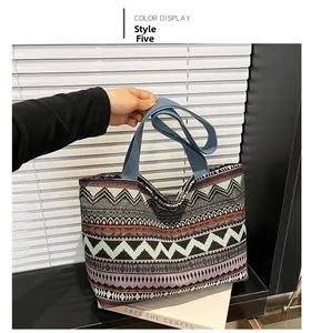 Detailed close-up of Bohemian woven tote bag with colorful geometric patterns and blue handles
