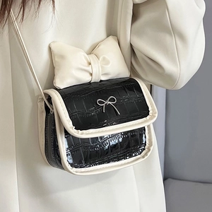 Sweet Bow Decor Mini Crossbody Bag For Women Crocodile Pattern PU Leather Contrast Color Small Square Shoulder Bag Stylish