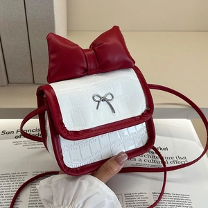 Mini red and white color-block crossbody bag with big bow and crocodile texture
