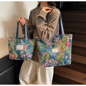 Detail view of large and small floral jacquard tote bags with butterfly patterns