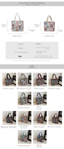Detailed size chart for floral tote bags in large and small sizes with measurements