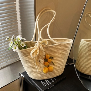 Handmade Flower Woven Cotton Rope Tote Bag For Women Sweet Lace Bow Shoulder Bucket Bag Summer Beach Vacation Fashion Handbag