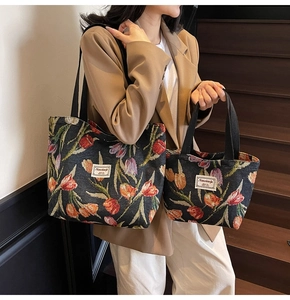 Detail of woven jacquard tote bags featuring vibrant tulip patterns and fabric logo