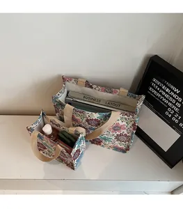 Ethnic style floral canvas tote bag set showing spacious interior and two sizes