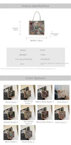 Detailed size chart and specifications for the floral linen lunch tote bag with dimensions