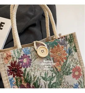 Detailed close-up of linen lunch bag featuring floral prints and wooden button closure