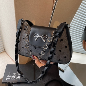 Women Vintage PU Leather Shoulder Bag Fabric Splicing Heart Polka Dot Print Metal Bow Buckle Flower Chain Braided Handle Underarm Bag