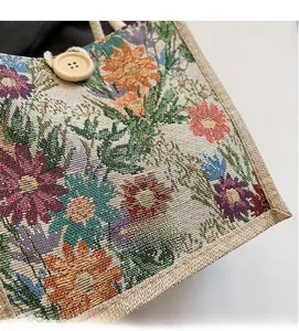 Detailed macro view of retro floral linen fabric texture with a wooden button closure