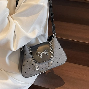 Elegant grey woolen shoulder bag with black heart prints and silver metal bow buckle