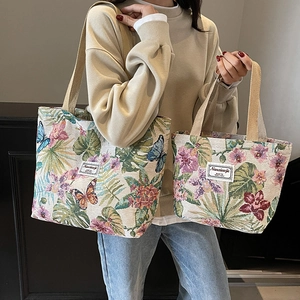 Vintage Floral Jacquard Canvas Tote Bag Large Capacity Shoulder Bag Women Laptop Handbag Student Travel Commuting Bag