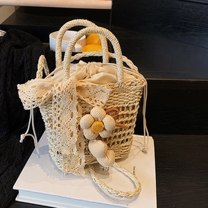 Handmade Woven Straw Bag For Women Beach Vacation Leisure Small Shoulder Crossbody Bag With Lace Bow And Knitted Flower