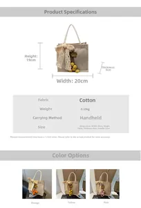 Detailed size chart for linen hand tote bags featuring floral lace bows and berries