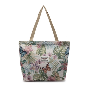 Large capacity floral canvas tote bag with butterfly embroidery for women's daily commute