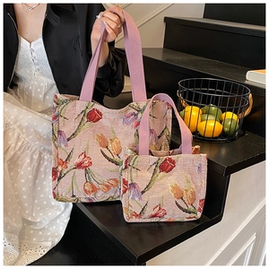 Dettaglio del set borsa tote jacquard tulipano con manici viola in due misure