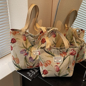 Vintage Tulip Jacquard Canvas Tote Bag For Women Large Capacity Floral Shoulder Handbag Versatile Travel Shopping Bag