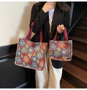 Ethnic style floral tote bag set in large and small sizes with red embroidery details