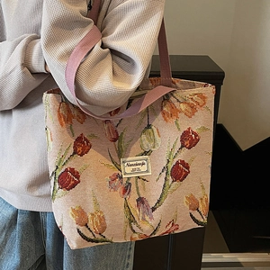 Vintage floral tote bag with red tulips pattern and purple shoulder strap for women