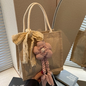 Borsa Tote in Lino da Donna Stile Mori Con Elegante Fiocco in Pizzo e Ciondolo a Fiore Borsa a Tracolla Piccola Letteraria Casual