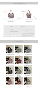 Size chart showing large and small floral canvas tote bags in six different colors