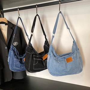 Retro denim tote bag set in blue and black colors with multi-pocket patchwork design