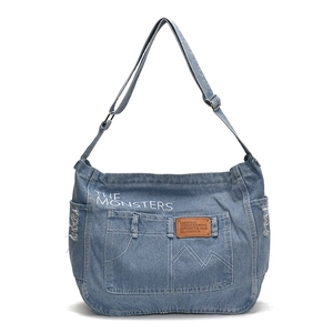 Retro denim tote bag with The Monsters embroidery and large capacity for women