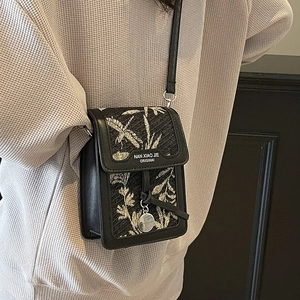 French Retro PU Leather Canvas Stitching Floral Leaf Print Small Crossbody Phone Bag For Women Mini Shoulder Bag Fashion Handbag