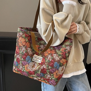 Grand sac fourre-tout floral en toile jacquard avec poignées en sangle pour femme