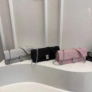 Chic square glitter shoulder bags in silver, black, and pink with metal chain straps
