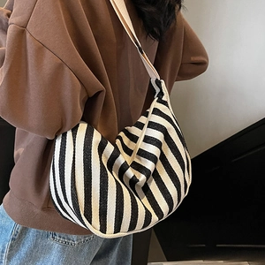Sac Bandoulière en Toile Rayée Rétro pour Femmes Grande Capacité Sac à Épaule Hobo Décontracté Sac de Voyage Littéraire Frais