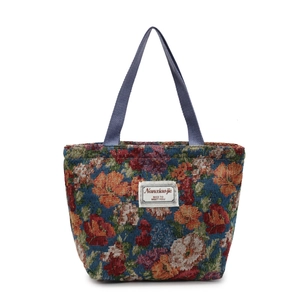 Grand sac cabas vintage en toile jacquard à motifs floraux avec anses tissées