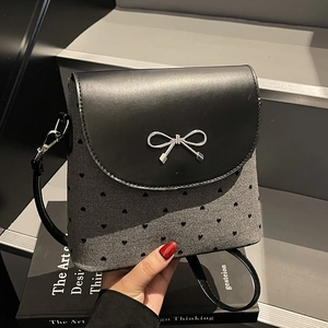 Fashionable bow bucket bag in black and grey heart pattern fabric for women