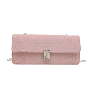 Elegant pink glitter square handbag with silver chain and metal clasp on white background