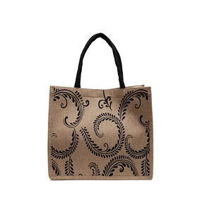 Large capacity jute tote bag with black vintage floral print and round rope handles