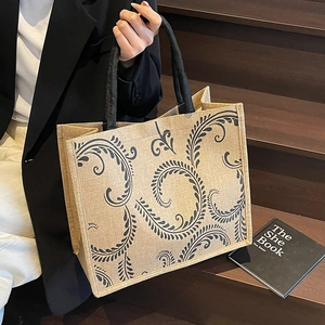 Large Capacity Linen Tote Bag Women Vintage Leaf Print Jute Handbag Fashion Durable Shoulder Bag Daily Shopper Bag