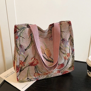 Borsa Tote da Donna in Tela Jacquard con Fiori di Tulipano Retrò Pastorale Grande Capacità Borsa a Tracolla per Viaggi Casual