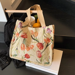Grande borsa tote vintage in jacquard a tulipani con tracolla in tela resistente