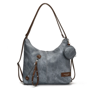 Modern grey tote bag with brown leather straps and detachable round coin purse