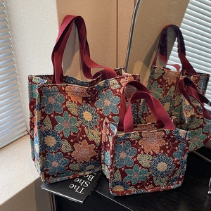 Ethnic style jacquard tote bags set with colorful floral pattern and wide woven handles