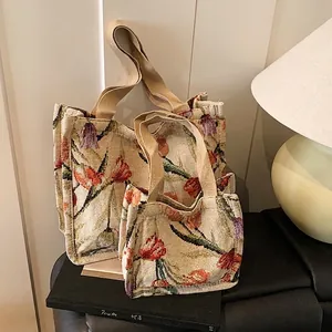 Set di due borse tote in jacquard vintage con motivi a tulipano per donne eleganti