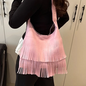 Pink retro PU leather hobo bag with stylish long tassels and wide shoulder strap