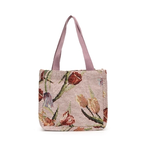 Borsa tote in jacquard con motivi di tulipani e manici viola su sfondo bianco