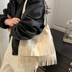 Retro cream white crossbody bag with long double tassels and slim shoulder strap