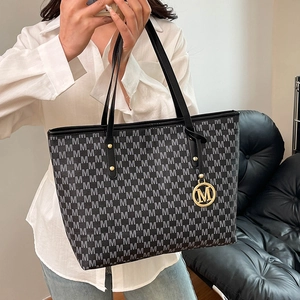 Women Large Capacity M Letter Monogram Tote Bag Casual PU Leather Shoulder Bag For Commute Office Fashion Handbag With Metal Pendant