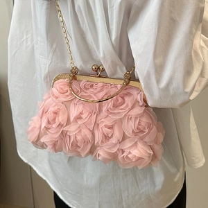 Luxury 3D Rose Flower Evening Bag For Women Vintage Mesh Floral Clutch Purse With Chain Shoulder Strap Gold Metal Handle